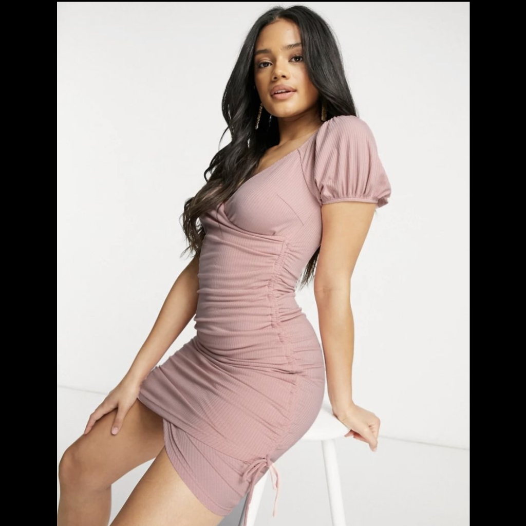 Asos Design Parallel Lines Ruched Cross Over Mini Dress In Mink Pink Mauve - Us4
